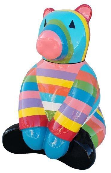 Abstract decorative sculpture designed as a gloss sitting cartoon bear in colorful stripes 67cm