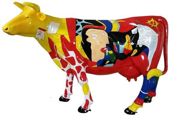 Abstract XXL 210 cm length decorative sculpture designed as multi-color cow figure