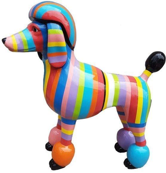 Decorative abstract sculpture designed as standing gloss poodle in colorful stripes 63cm