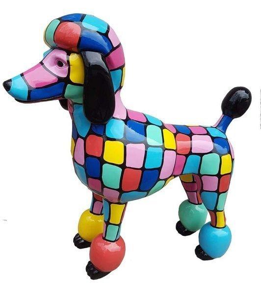 Decorative abstract sculpture designed as standing gloss poodle in colorful puzzle patterns 63x64cm
