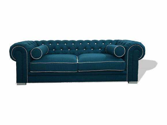 Chesterfield Sofa Azure Blue 3-Seater Textile Upholstered Comfortable Couch Cushions New