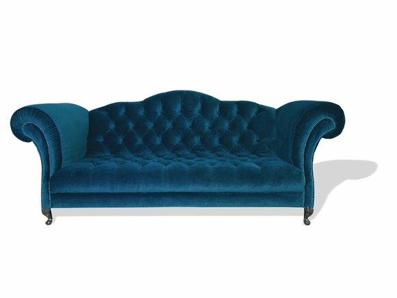 Chesterfield Sofa 3-Seater Blue Textile Comfortable Couch with Rolled Armrests New