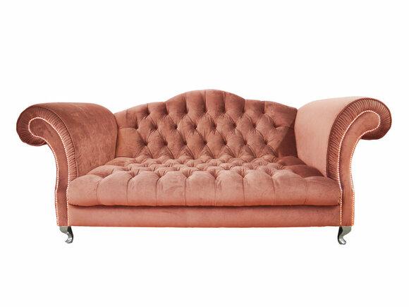 Chesterfield Sofa 3-Seater Peach Colour Textile Upholstered With Buttons Metal Feet New
