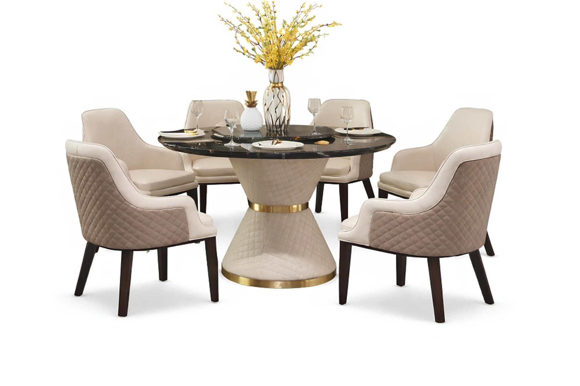 Moderner Esszimmer Set – Runder Esstisch aus Holz & Marmor mit 6 Stühl Sofort