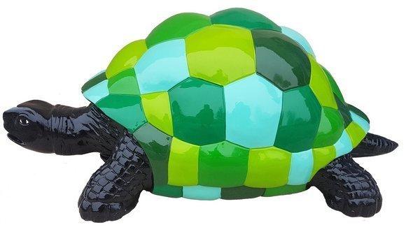 Decorative abstract sculpture designed as a black gloss turtle with mosaic style shell in green tones colored 40x109cm