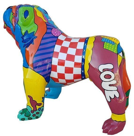 Decorative abstract sculpture designed as gloss standing dog in colorful comics patterns 72x90cm