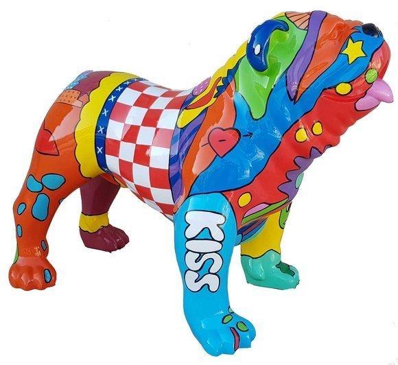 Multi-colored decorative abstract sculpture designed as standing gloss dog in comics patterns 72x90cm