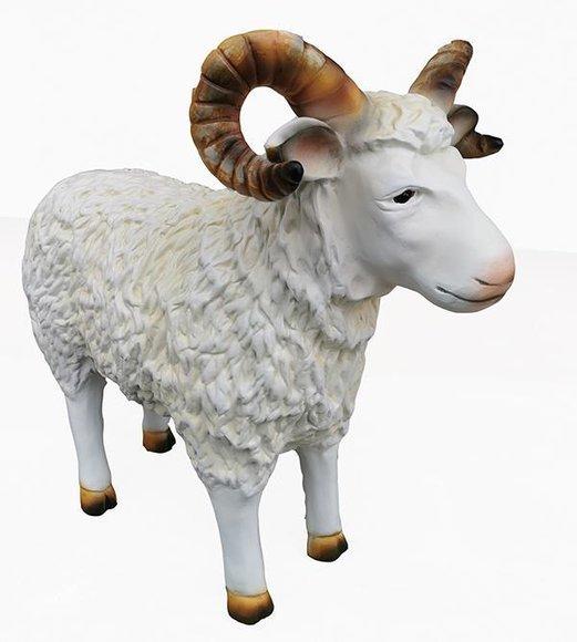 Decorative garden sculpture designed as an full white colored shaggy sheep 75x75cm